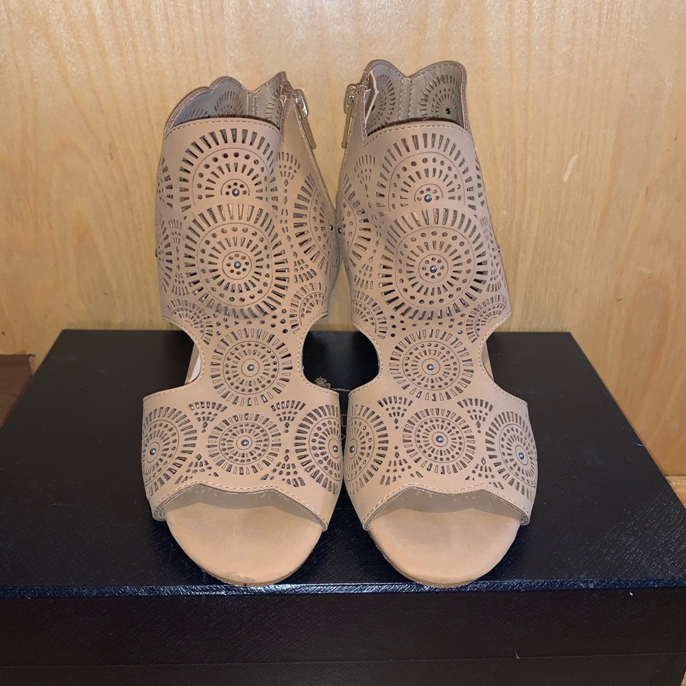 Brown open toe booties